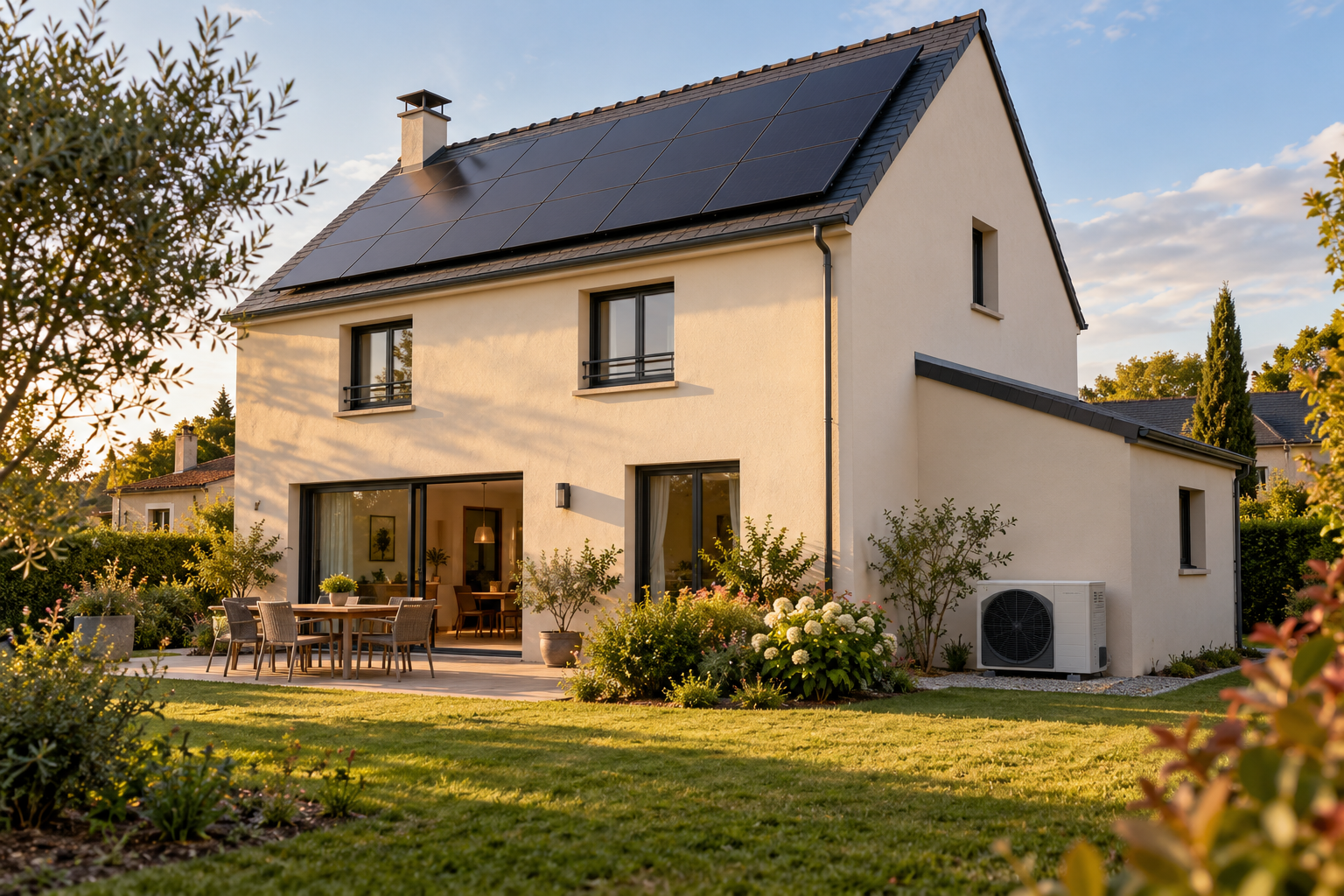 Illustration d’une maison rénovée avec panneaux solaires et pompe à chaleur